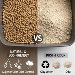 A visual comparison highlighting the differences between pine pellets and traditional clay cat litter, emphasizing benefits like odor control and eco-friendliness.