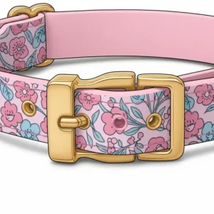 Close-up illustration of a designer pink cat collar featuring a unique pattern and a high-quality buckle.