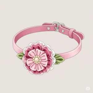 Artistic illustration of a delicate pink cat collar featuring a decorative fabric flower accessory.