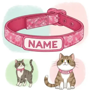 Illustration of a personalized pink cat collar with an embroidered name tag, perfect for custom identification.