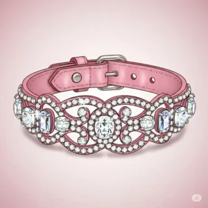 Glamorous illustration of a pink cat collar embellished with sparkling rhinestones, adding a touch of luxury.