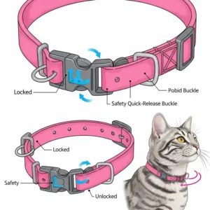 Technical illustration highlighting the safety quick-release buckle on a durable pink cat collar.
