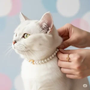 A gentle hand fastening a pearl cat collar around a cat's neck, demonstrating ease of use.