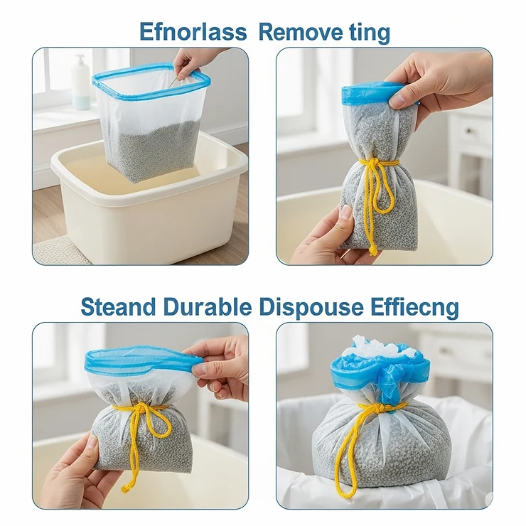 A visual demonstrating the effortless removal and secure tying of a used cat litter box liner for quick disposal.
