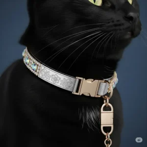 A cat wearing a luxury cat collar with a quick-release safety buckle, prioritizing both elegance and pet safety.
