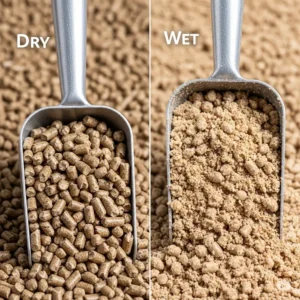 A scoop demonstrating how pine pellets break down into sawdust when wet, making cleanup of cat litter easier.