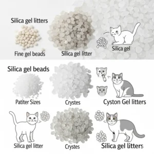 Comparison illustration of various forms of silica gel cat litter, including fine beads and larger crystals, to suit different cat preferences.