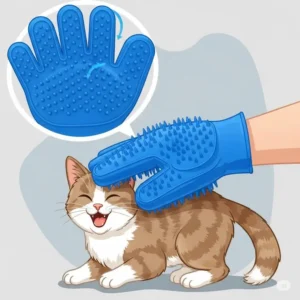 Illustration of a vibrant blue silicone cat glove with soft nubs, designed for effective deshedding and gentle massage during grooming.