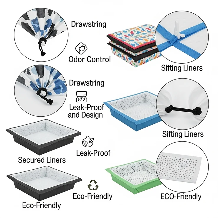  An array of various cat litter box liners, including drawstring and sifting options, highlighting their unique features.