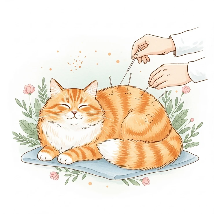 A gentle illustration of a cat undergoing acupuncture, a holistic method for natural pain relief and improved well-being in felines.