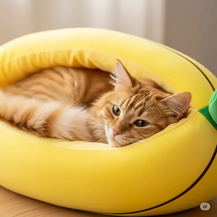 Close-up of a content ginger cat curled up inside a plush banana bed, demonstrating ultimate feline relaxation.