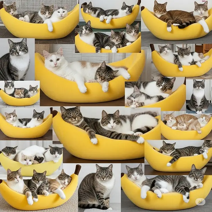A collage showcasing various cat breeds, from playful kittens to lazy adult cats, all enjoying the comfort of a banana-shaped bed.
