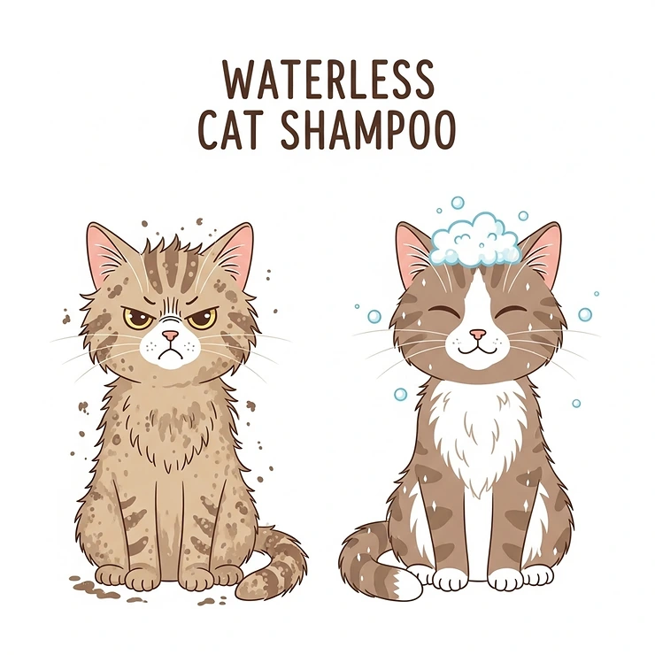 A side-by-side illustration showing a visibly dirty cat next to a clean, well-groomed cat after using waterless cat shampoo.