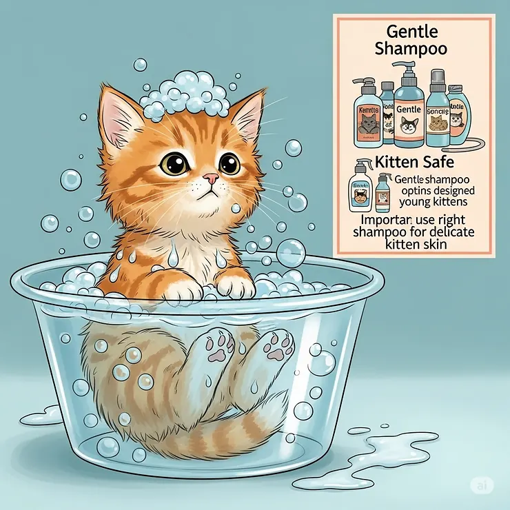 Illustration of a small kitten being safely bathed, suggesting the best cat shampoo options are suitable for young cats.
