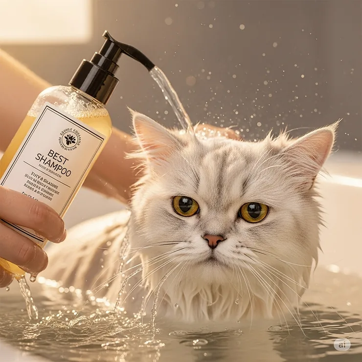 A happy, fluffy cat being gently bathed with a bottle of the best kitty shampoo, looking clean and content.