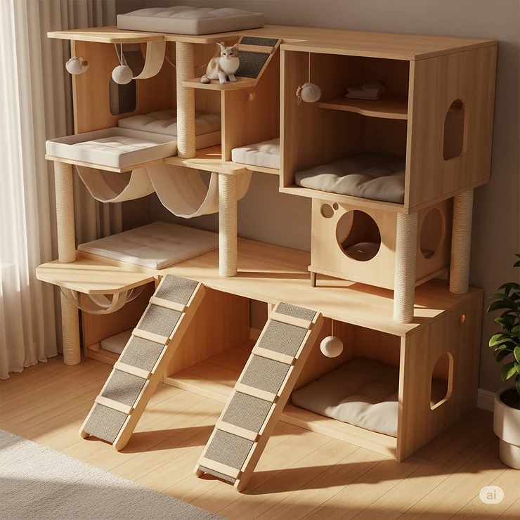 Illustration showcasing wide, stable ramps and stairs in a big cat condo, making it easy for large or senior cats to access different levels.