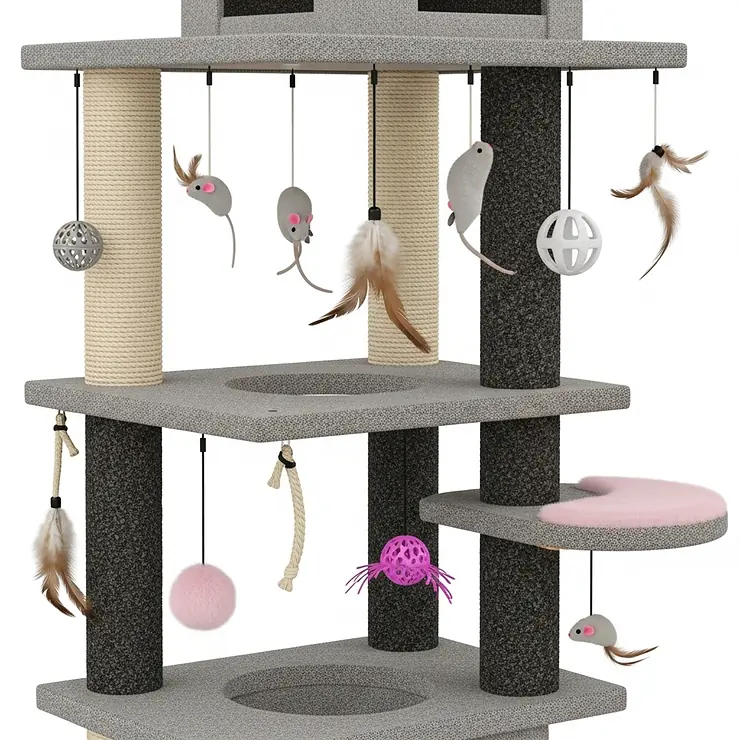 Illustration showing interactive toys and dangling elements attached to a big cat condo, encouraging play and mental stimulation for large cats.