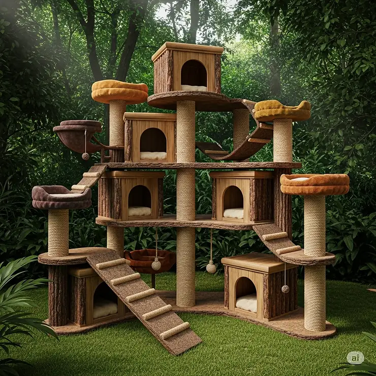 A multi-level luxury big cat condo with plush perches, scratching posts, and hideaway cubbies, designed for large felines.