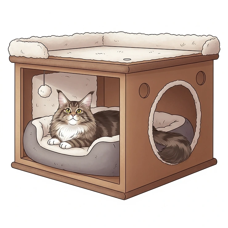 Illustration of a spacious, enclosed hideaway cubby within a big cat condo, providing a secure and private retreat for large cats.