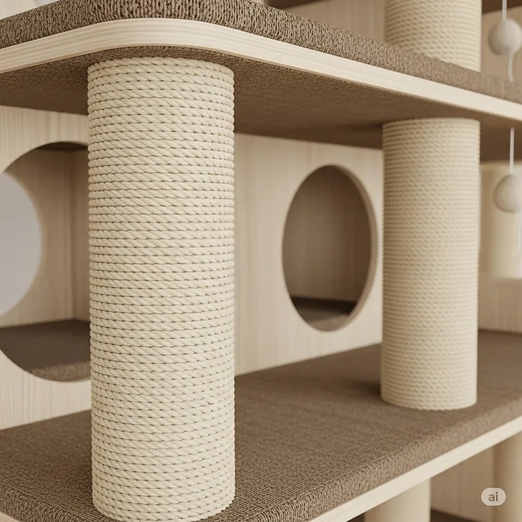 Close-up illustration of durable sisal scratching posts integrated into a big cat condo, essential for feline claw health and preventing furniture damage.