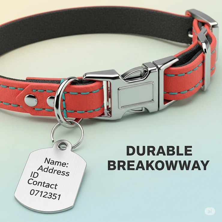 Detailed view of a durable breakaway cat collar with an attached ID tag, essential for pet identification.