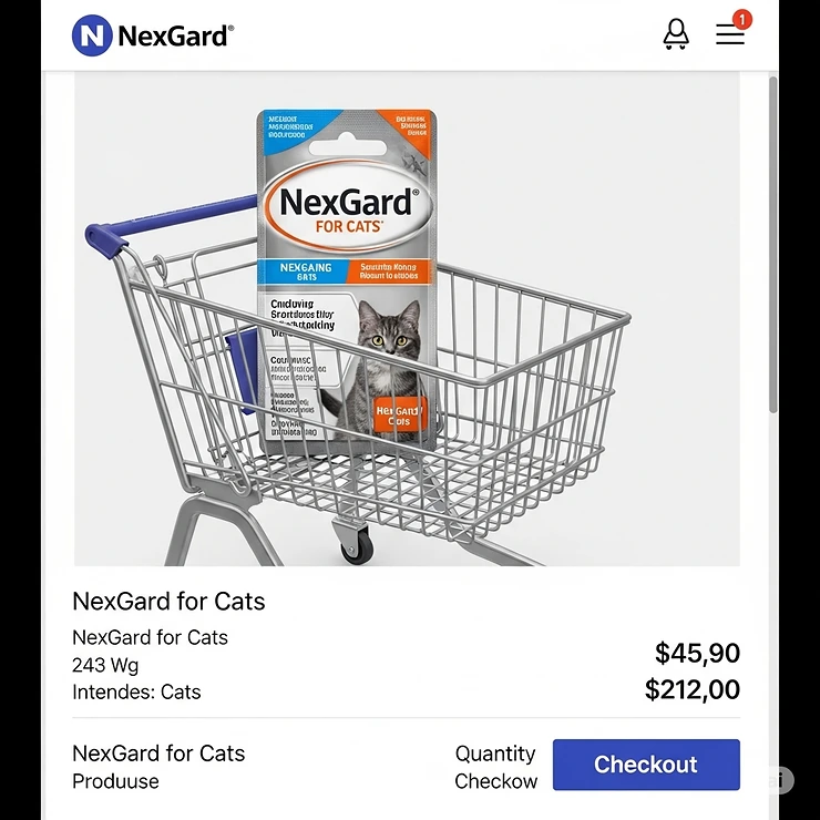 Online shopping cart displaying NexGard for cats, suggesting where users can find information on NexGard for cats price and purchase options.