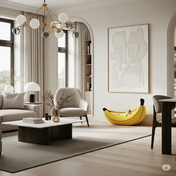 A modern living room with a chic yellow banana cat bed seamlessly integrated into the home decor, providing a cozy pet retreat.