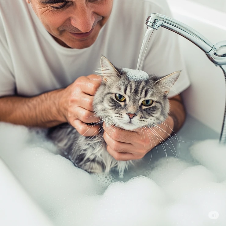An owner gently washing their their cat in a tub, using what appears to be the best cat shampoo, with bubbles and a relaxed feline expression.