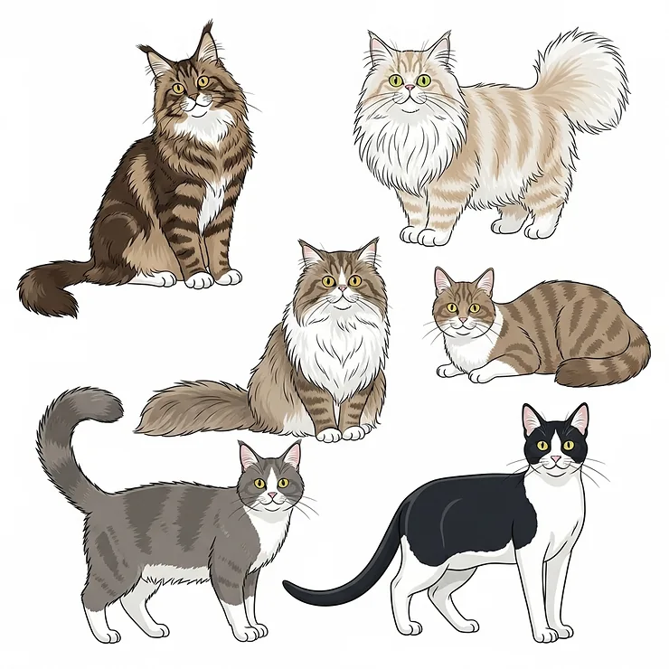 Illustrations of various cat breeds (e.g., Maine Coon, Persian, Domestic Shorthair) all looking well-groomed, emphasizing that the best cat shampoo for shedding can benefit many coat types.