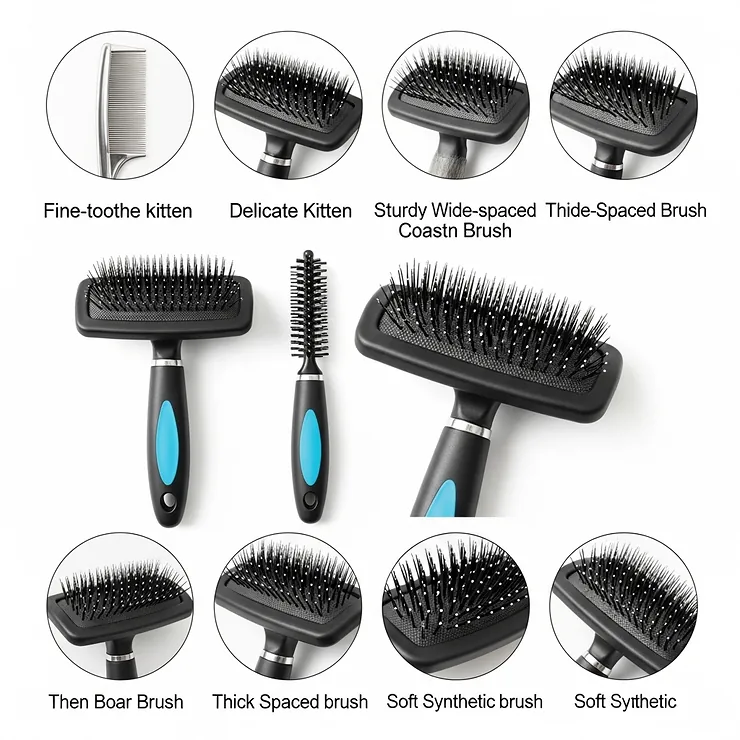 An assortment of cat grooming brushes, showing different bristle types for various coat needs.