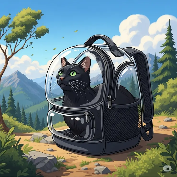 Illustration of a curious cat comfortably inside a transparent bubble cat hiking backpack, observing the outdoor environment.
