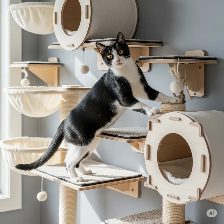 An energetic cat climbing and exploring a series of wall mounted cat condo shelves and perches, demonstrating vertical activity and exercise.