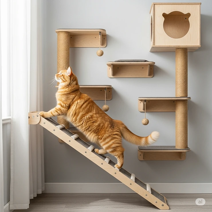 Agile cat confidently climbing a specially designed ramp leading up a wall mounted cat tower.