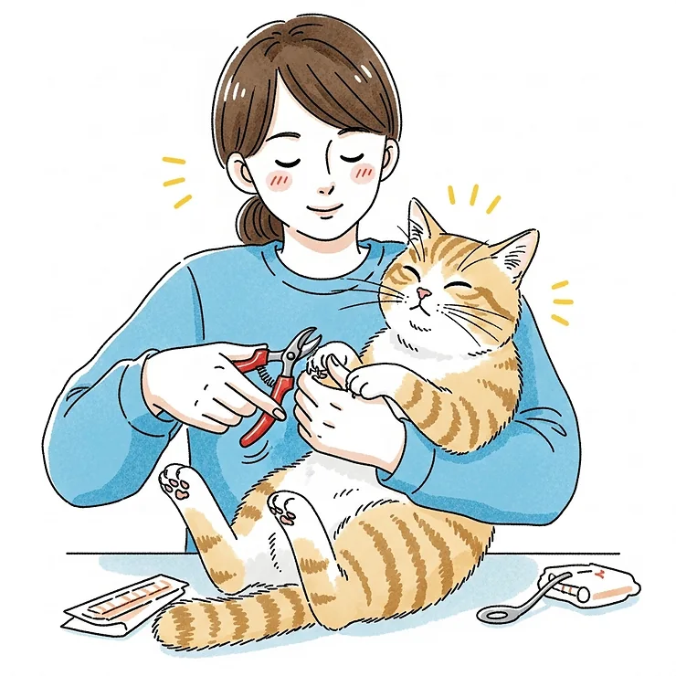 An illustration of a cat being comfortably held, showing a calm approach to using feline nail trimmers.