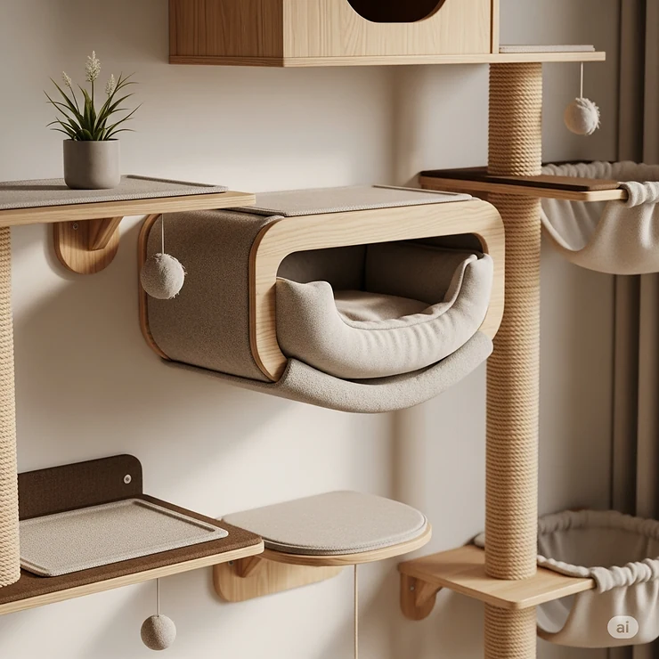 A cozy cat bed or lounging shelf as part of a wall mounted cat condo, offering a comfortable and elevated resting spot.