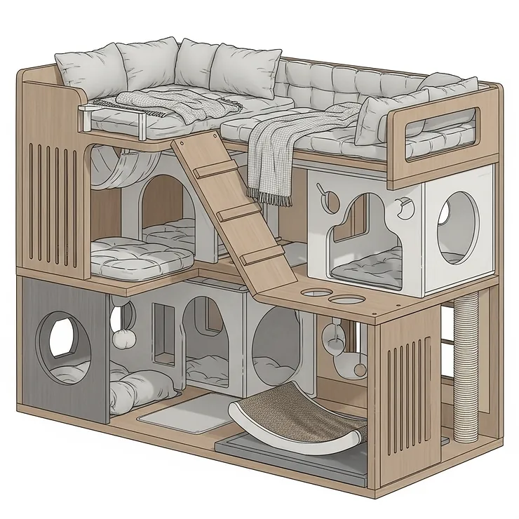 A cutaway illustration of a cat condo with an accessible top level designed as a comfortable perch, combining privacy with an elevated view.