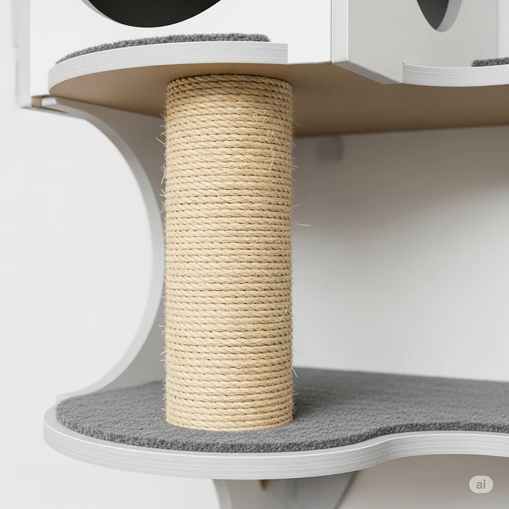 Close-up of a sisal-wrapped scratching post integrated into a wall mounted cat condo, providing an essential scratching surface for feline friends.