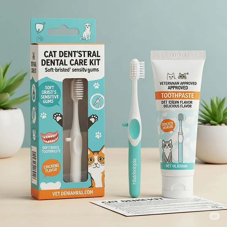 A cat dental care kit, including a toothbrush and pet-friendly toothpaste for oral hygiene.