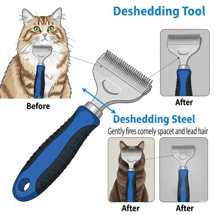 Detailed illustration of a specialized deshedding tool, effective for reducing cat shedding.