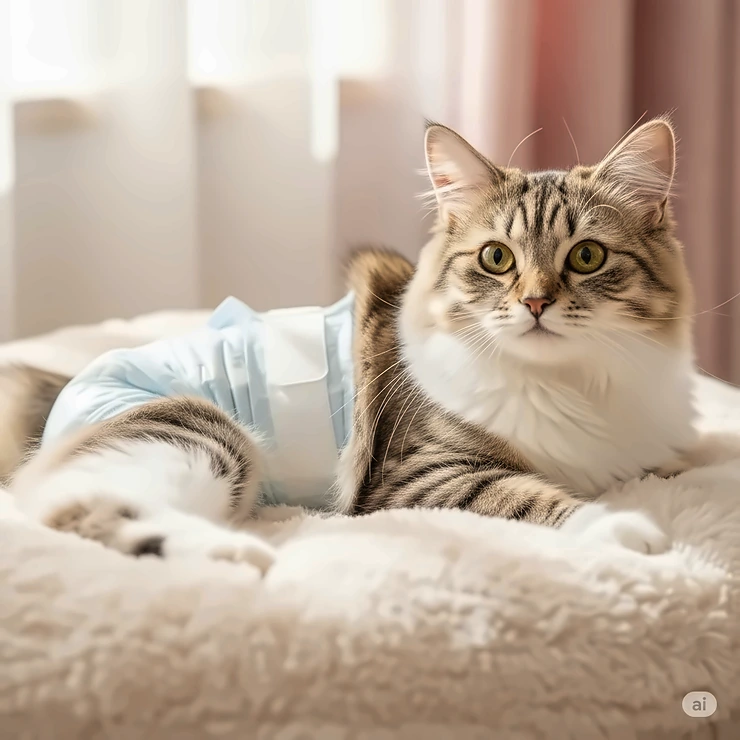 Adorable cat wearing a comfortable, leak-proof cat diaper, perfect for managing incontinence or spraying.