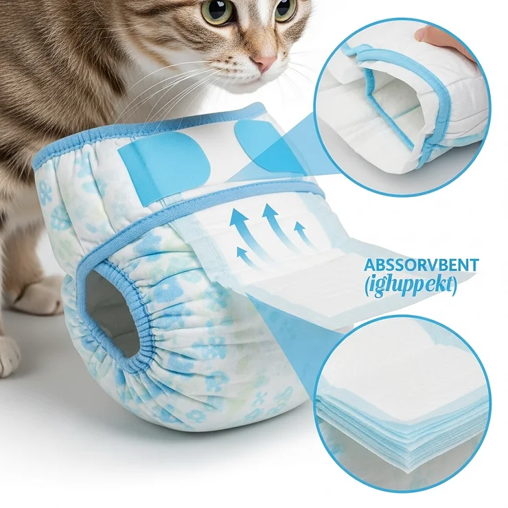 Illustration of a cat diaper being used to manage spraying or marking behavior in male or female cats.