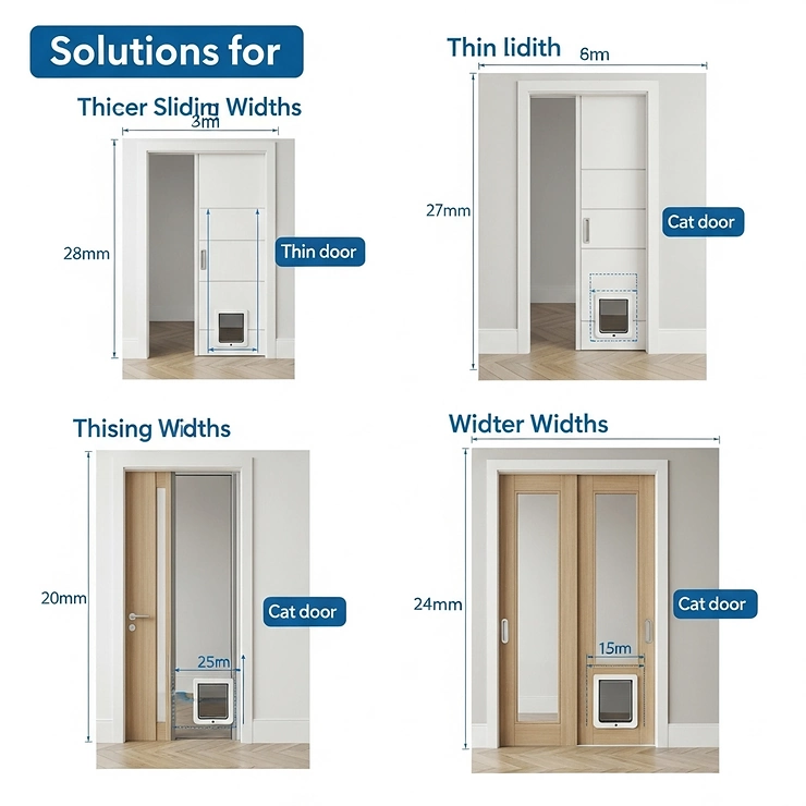 A visual example of a compact cat door seamlessly integrated into a narrow sliding door, demonstrating solutions for various door widths.