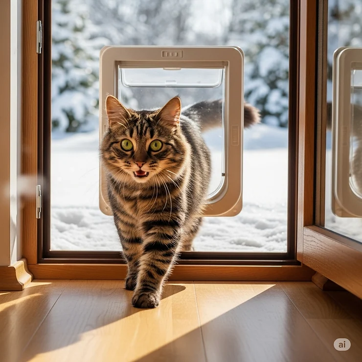 A cute tabby cat entering a warm home through an insulated cat door, with snow visible just outside, emphasizing how the pet door keeps the cold out during winter months.