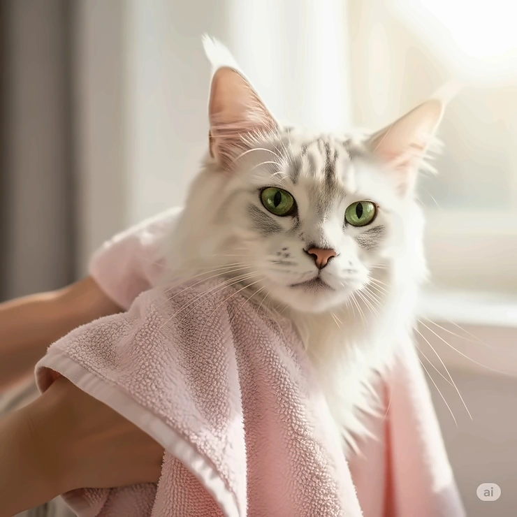A clean, fluffy cat being towel-dried after a bath, looking refreshed and comfortable, emphasizing the effectiveness of a good kitty shampoo.