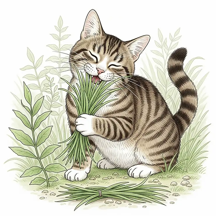 An illustration of a cat nibbling on blades of grass, depicting a natural behavior that can sometimes aid in the expulsion of worms, complementing a natural dewormer for cats regimen.