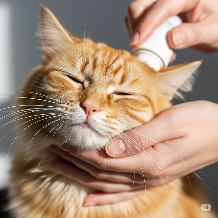 Close-up of a cat purring and enjoying a gentle application of waterless cat shampoo, highlighting a stress-free grooming experience.