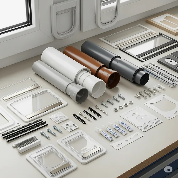 Assortment of useful accessories for cat flaps designed for windows, including tunnel extensions for thicker walls and replacement flaps, ensuring long-term usability.
