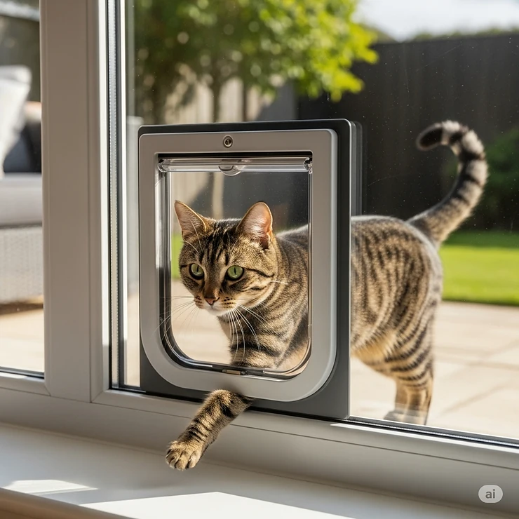 A sleek, modern cat flap perfectly integrated into a double-glazed window, showing a cat happily entering or exiting, highlighting the ease of access for pets and the secure fit for homeowners.