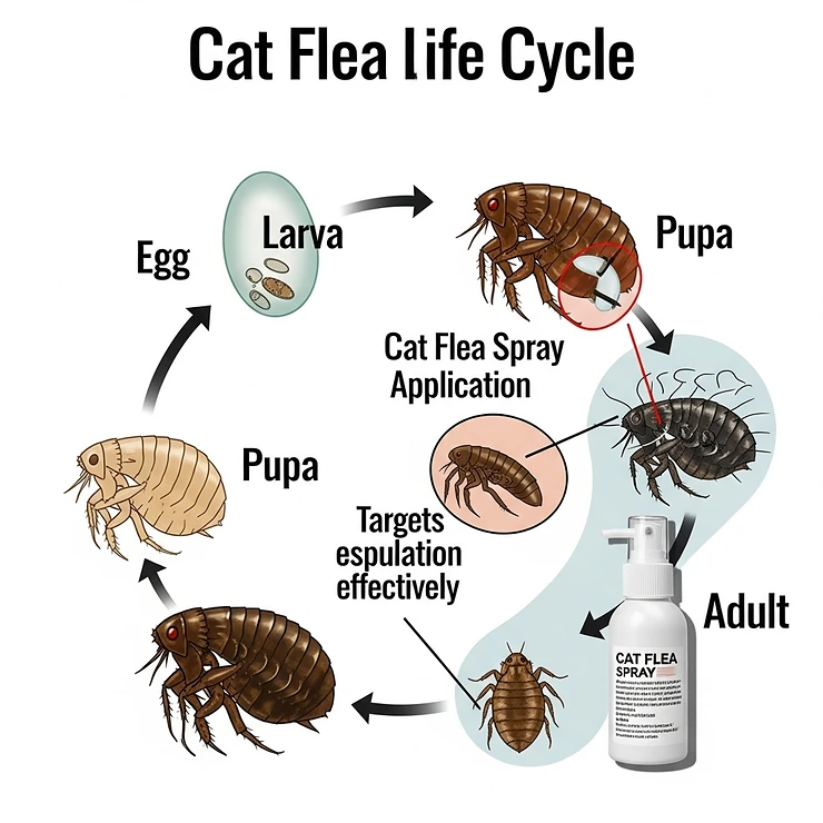 Diagram illustrating the cat flea life cycle, highlighting stages targeted by cat flea spray for effective eradication.