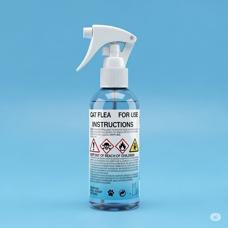 Clear illustration of a cat flea spray bottle with prominent safety icons, emphasizing proper handling and storage instructions.